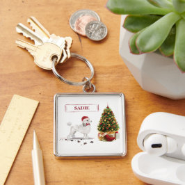 White Poodle Funny-kersthond met boom Sleutelhanger