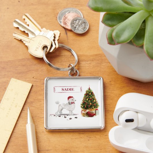 White Poodle Funny-kersthond met boom Sleutelhanger (Bureau)