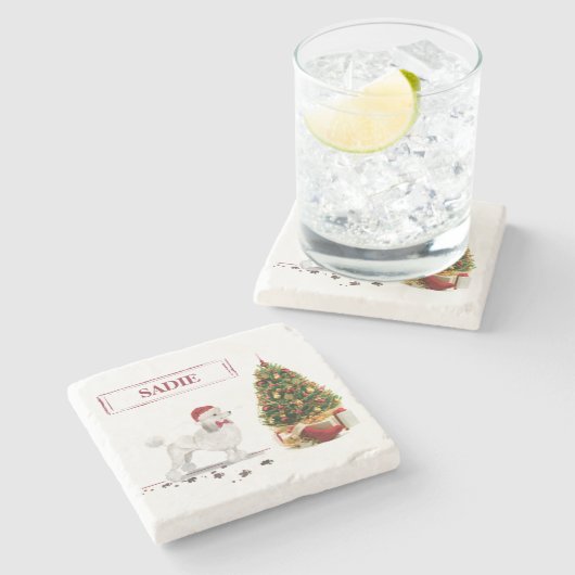 White Poodle Funny-kersthond met boom Stenen Onderzetter (Zijkant)