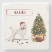 White Poodle Funny-kersthond met boom Stenen Onderzetter (Voorkant)