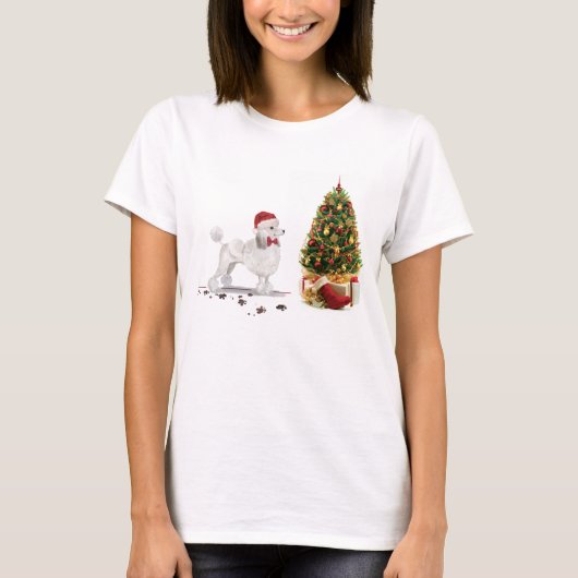 White Poodle Funny-kersthond met boom T-shirt (Voorkant)