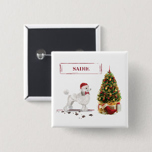 White Poodle Funny-kersthond met boom Vierkante Button 5,1 Cm