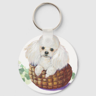 White Poodle in Basket Art Print Sleutelhanger