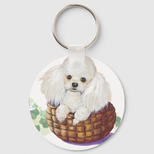 White Poodle in Basket Art Print Sleutelhanger (Voorkant)
