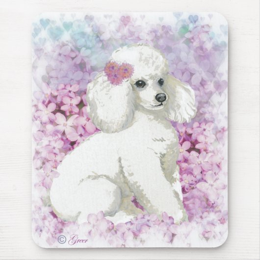 White Poodle in de Lilacs Art en Gifts Muismat (Voorkant)