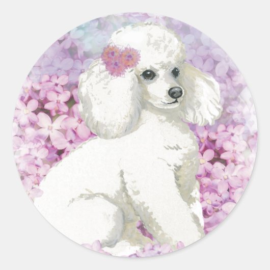 White Poodle in de Lilacs Art en Gifts Ronde Sticker (Voorkant)
