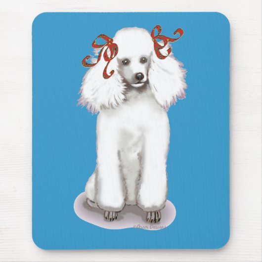 White poodle in Red Bows Portret Mousepad Muismat (Voorkant)