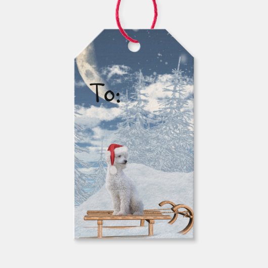 White Poodle Kerstmis Cadeaulabel (Voorkant)