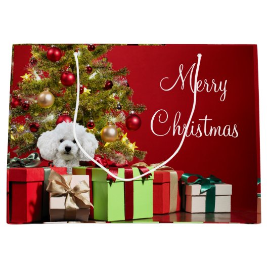 White Poodle Kerstmis Groot Cadeauzakje (Voorkant)
