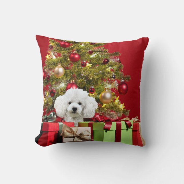 White Poodle Kerstmis Kussen (Voorkant)