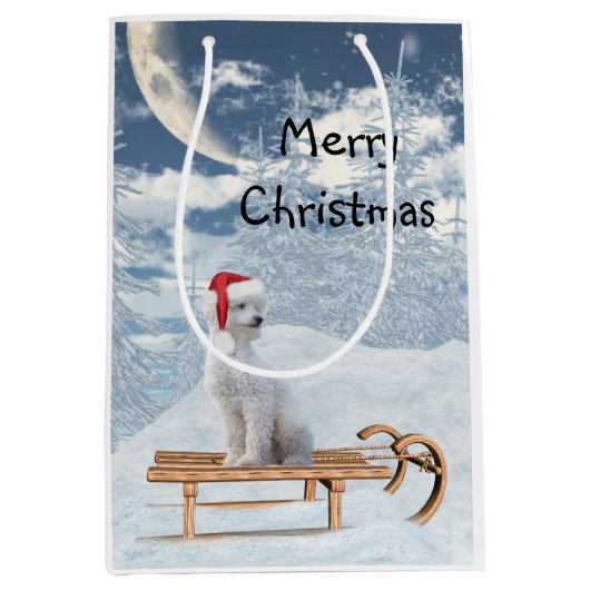 White Poodle Kerstmis Medium Cadeauzakje (Voorkant)
