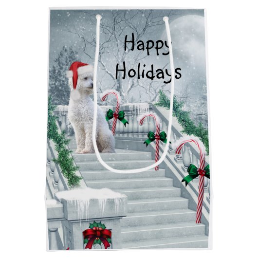 White Poodle Kerstmis Medium Cadeauzakje (Achterkant)