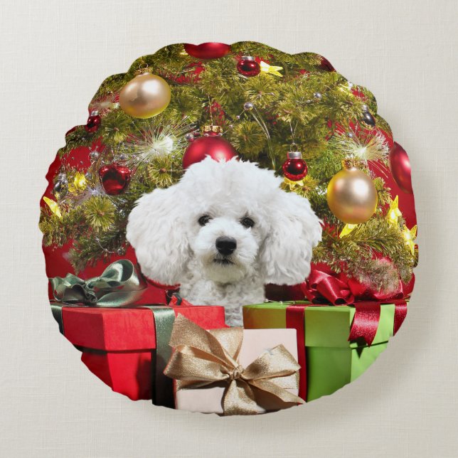 White Poodle Kerstmis Rond Kussen (Voorkant)