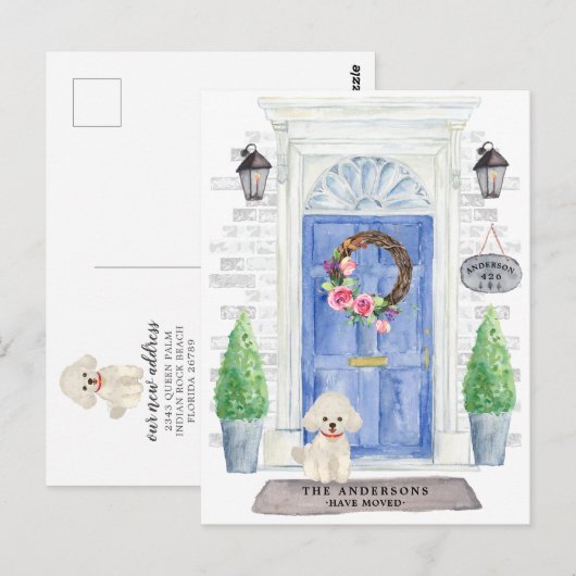 White Poodle Moving Announcement Briefkaart (Voorkant / Achterkant)