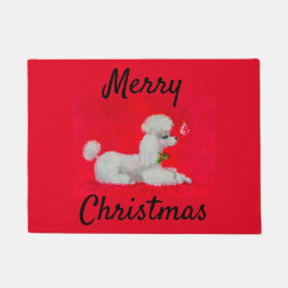 White Poodle on Red Carpet Kerstmis Deurmat