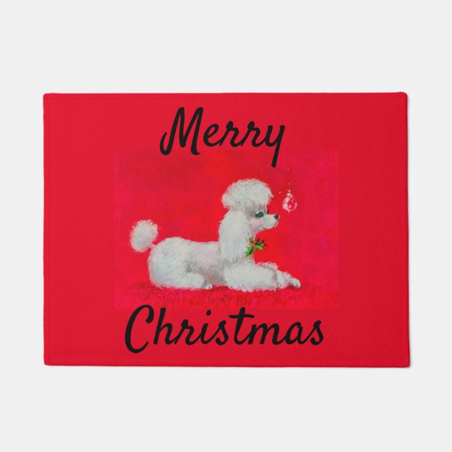 White Poodle on Red Carpet Kerstmis Deurmat (Voorkant)
