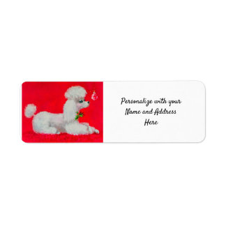 White Poodle on Red Carpet Kerstmis Etiket