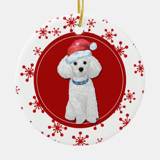 White Poodle Red Snowflake Border Keramisch Ornament (Voorkant)