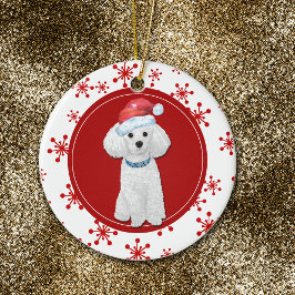 White Poodle Red Snowflake Border Keramisch Ornament