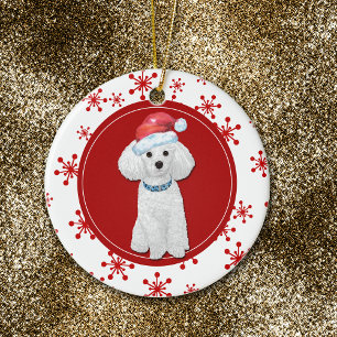 White Poodle Red Snowflake Border Keramisch Ornament