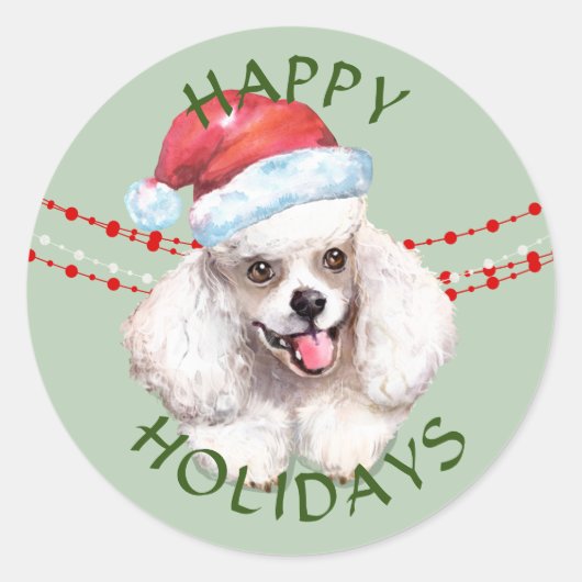 White Poodle Santa Hat Prettige feestdagen Ronde Sticker (Voorkant)