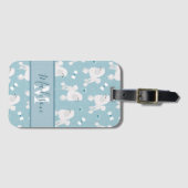 White Poodles and Bows Pattern Blue Name Monogram Bagagelabel (Voorkant (horizontaal))