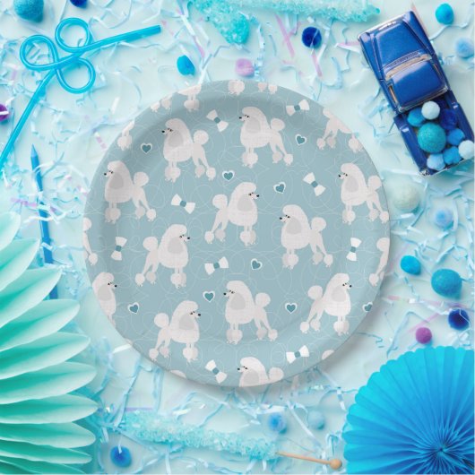 White Poodles and Bows Pattern Blue Papieren Bordje (Feest)