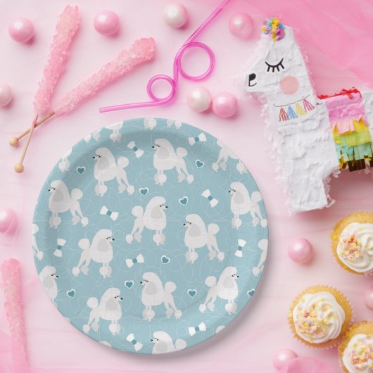 White Poodles and Bows Pattern Blue Papieren Bordje (Feest)