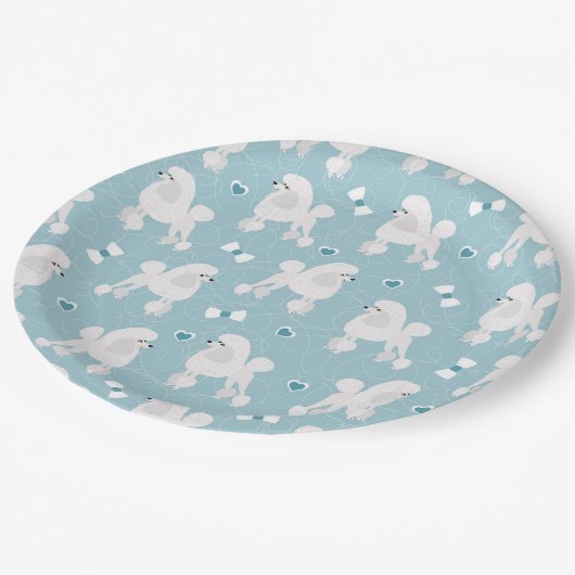 White Poodles and Bows Pattern Blue Papieren Bordje (Gekanteld)