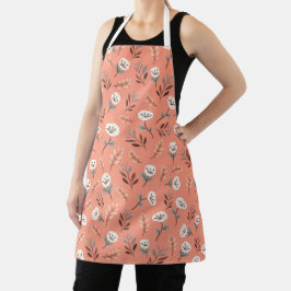 White Poppies on Bold Red Apron Schort