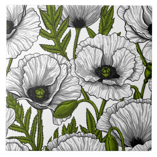 White poppies on white tegeltje (Voorkant)