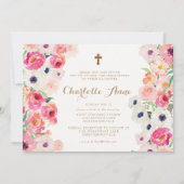 White Poppies & Roses Christening Invitation Kaart (Voorkant)