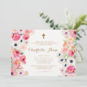 White Poppies & Roses Christening Invitation Kaart (Staand voorkant)