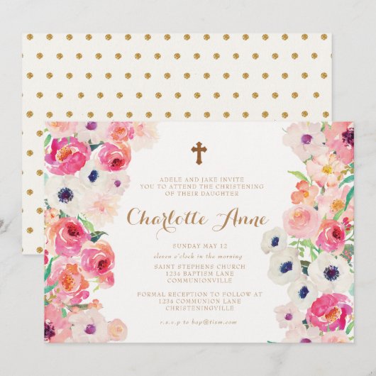 White Poppies & Roses Christening Invitation Kaart (Voorkant / Achterkant)