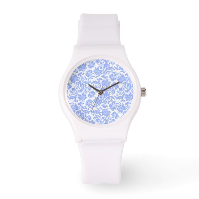 White Powder Blue Floral Damaskers Horloge (Voorkant)