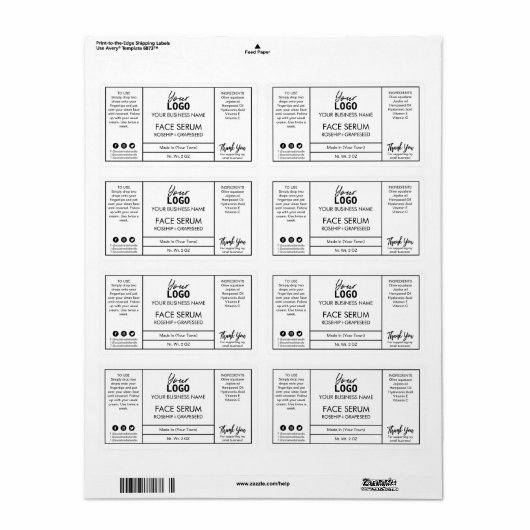 White Professional Face Serum Labels (Full Sheet)
