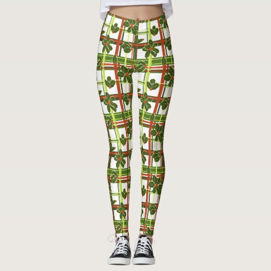 White Pset Holly Berries kerst Leggings (Voorkant)