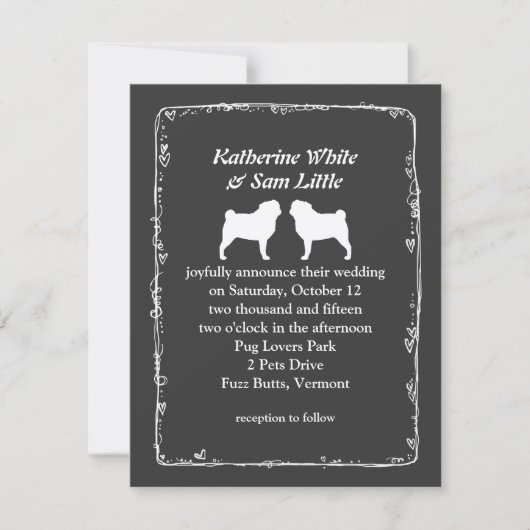 White Pug Silhouettes Wedding Announding Kaart (Voorkant)