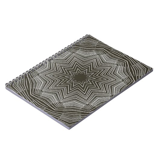 White Pulsating Star Kaleidoscope Pattern on Black Notitieboek (Linkerzijde)