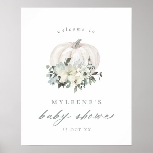 White Pumpkin and Flowers Baby shower Welcome Poster (Voorkant)