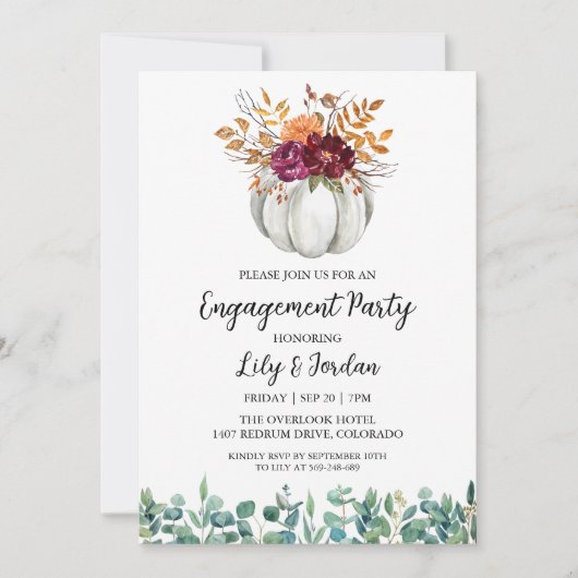 White Pumpkin and Greenery Herfst Engagement Party Kaart (Voorkant)