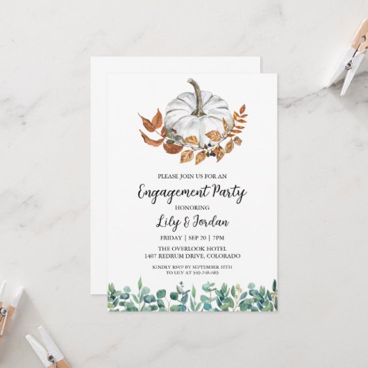 White Pumpkin and Greenery Herfst Engagement Party Kaart (Voorkant / Achterkant in situ)