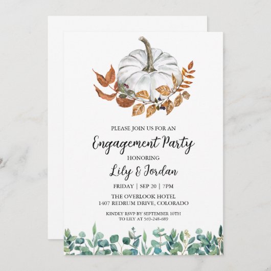 White Pumpkin and Greenery Herfst Engagement Party Kaart (Voorkant / Achterkant)