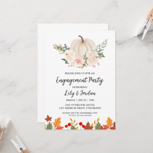 White Pumpkin and Greenery Herfst Engagement Party Kaart (Voorkant / Achterkant in situ)