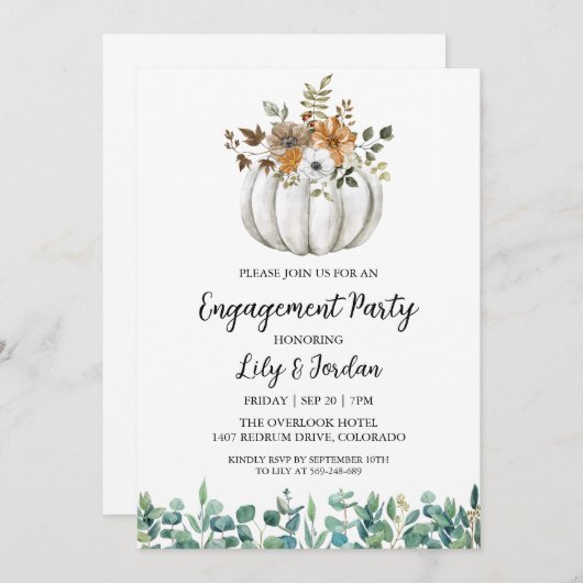 White Pumpkin and Greenery Herfst Engagement Party Kaart (Voorkant / Achterkant)