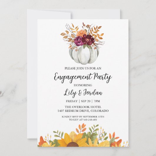 White Pumpkin and Greenery Herfst Engagement Party Kaart (Voorkant)
