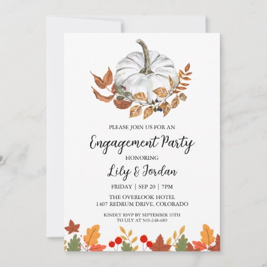White Pumpkin and Greenery Herfst Engagement Party Kaart (Voorkant)