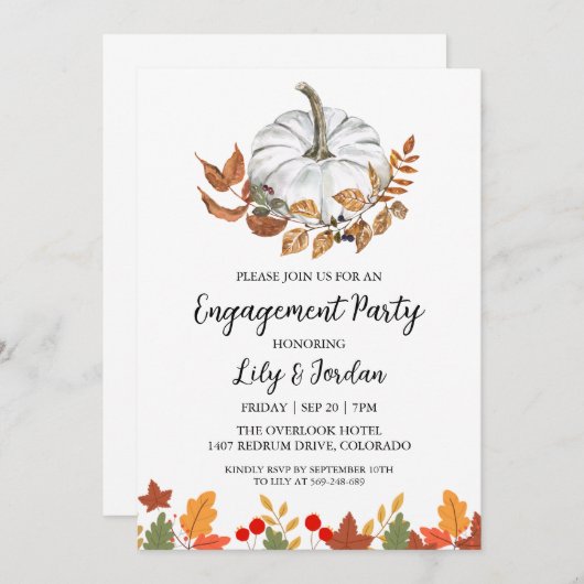 White Pumpkin and Greenery Herfst Engagement Party Kaart (Voorkant / Achterkant)