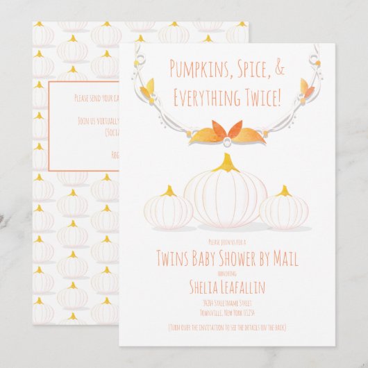 White Pumpkin Autumn Twins Baby shower per post Kaart (Voorkant / Achterkant)