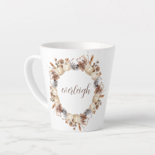 White Pumpkin Autumn Wreath Script Naam Latte Mok